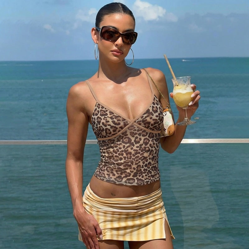 Dame tanktop med leopardtryk og transparent bearbejdning Skovae