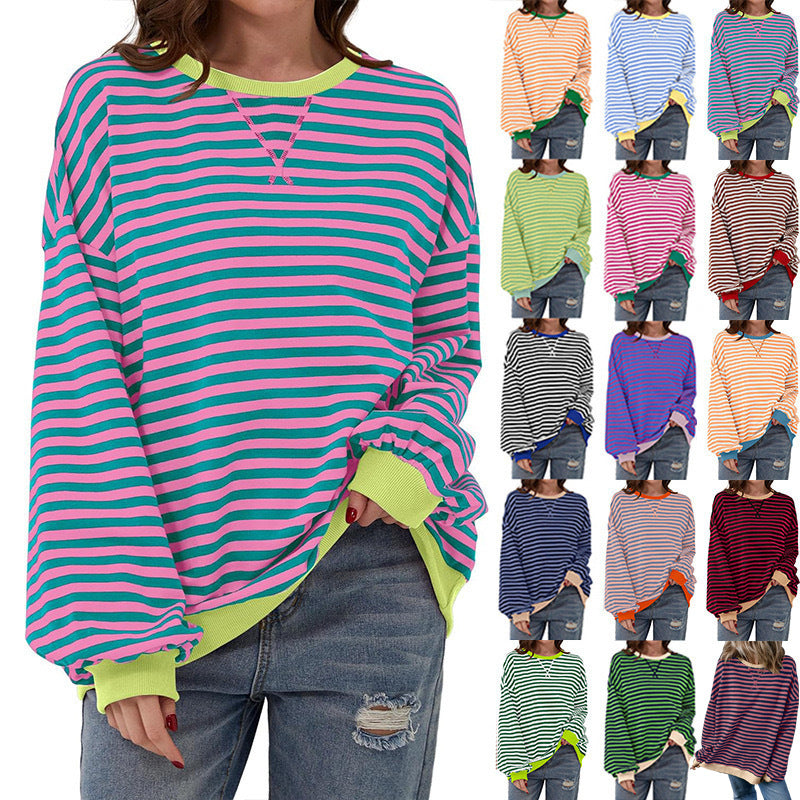 Femme Cozy Overdimensioneret Stripet Pullover Sweatshirt Stilla