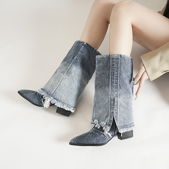 Dame mode jeansstøvler med frynset design og elegant blokhæl Stilla