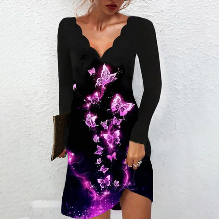 Stilla | Chic Printed Wave V-hals Langærmet Kjole