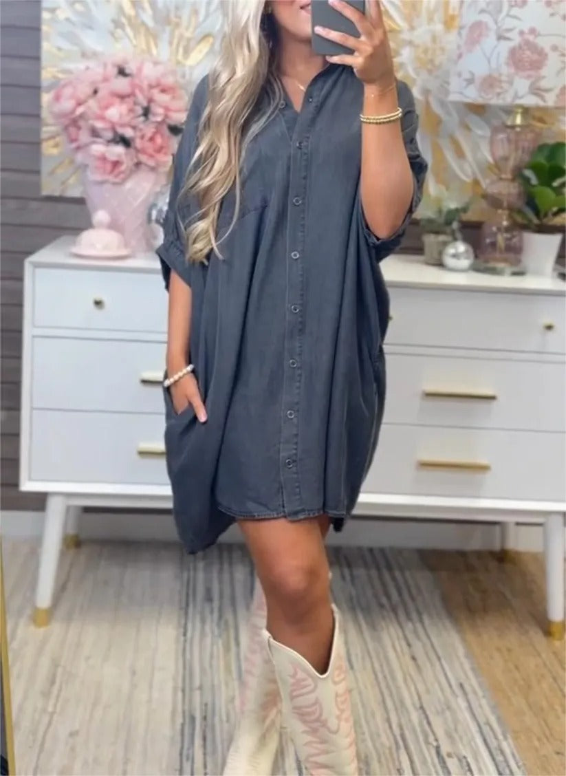 Dame Størrelse Denim-Sk Shirt kjole med praktiske lommer og afslappet snit Stilla