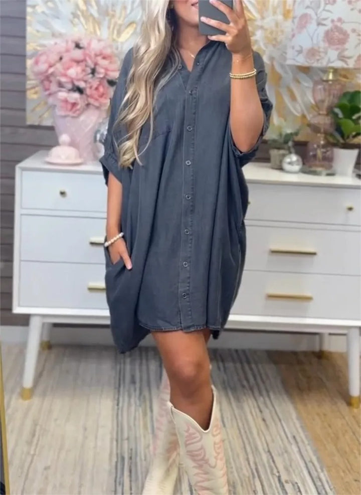 Dame Størrelse Denim-Sk Shirt kjole med praktiske lommer og afslappet snit Stilla