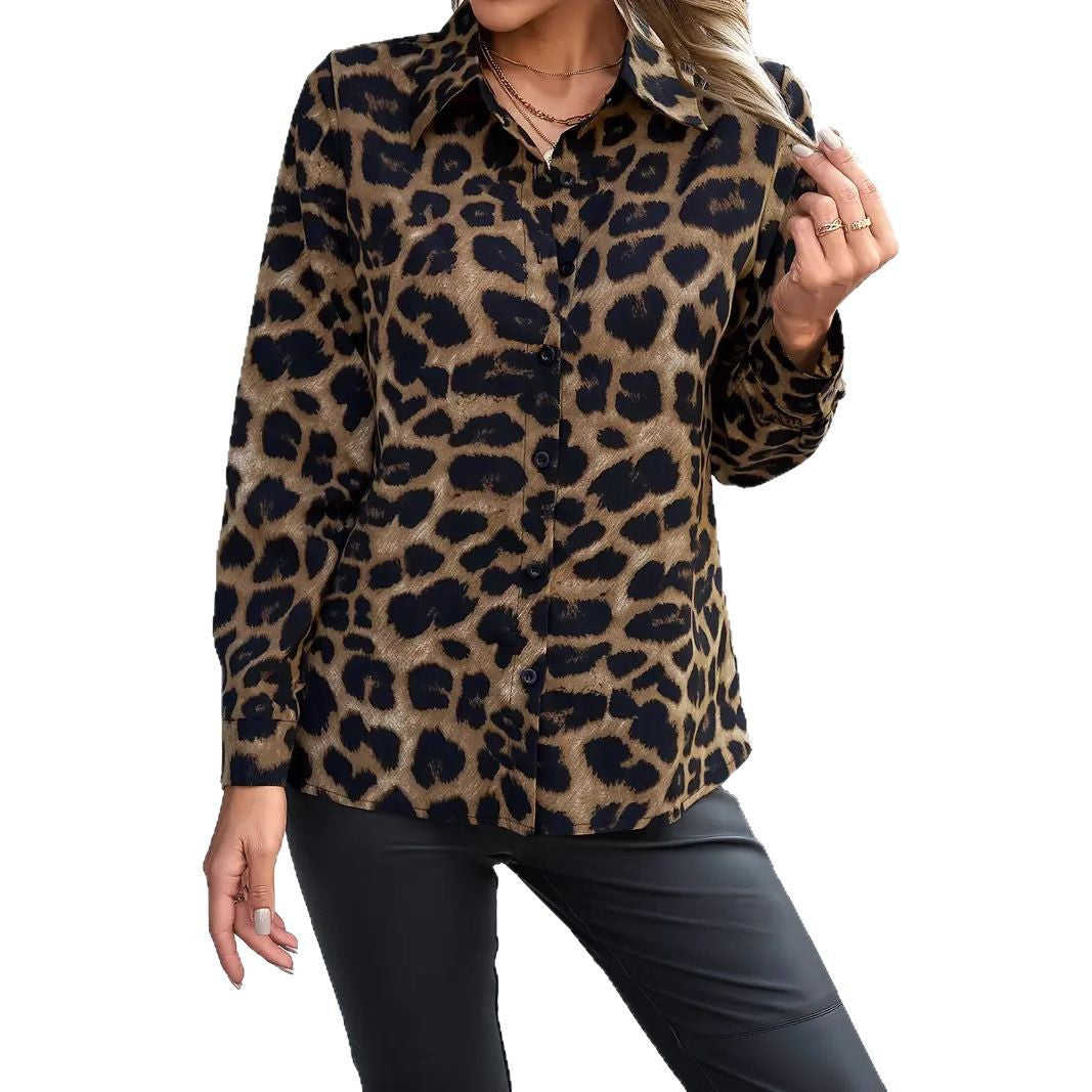 Dame elegant bluse i dyreprint med klassisk krave Stilla