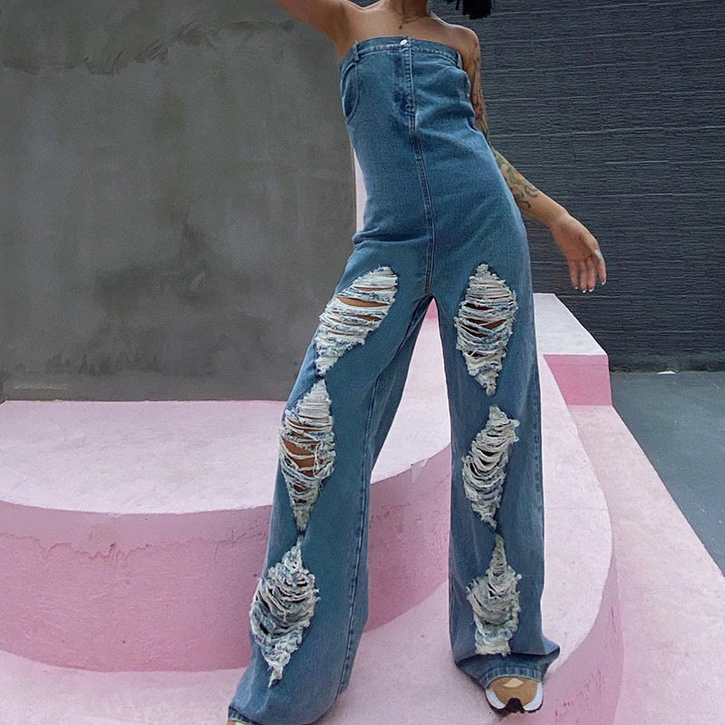 Femme Strapless Distressed Denim Overall Stilla