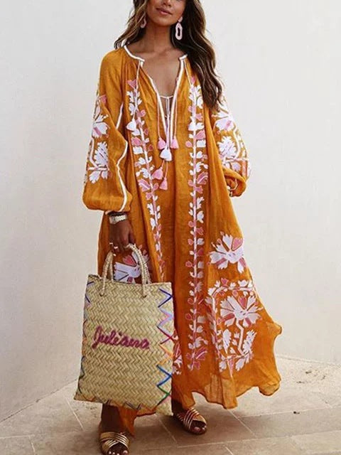 Dame Lang Kaftan med blomster broderi og luftige ærmer Stilla