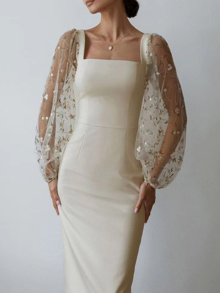Dame Elegant aftenkjole med gennemsigtige, broderede ærmer Stilla