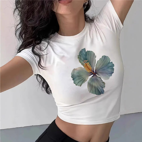 Dame Crop-T-Shirt med blomsterdesign Skovae
