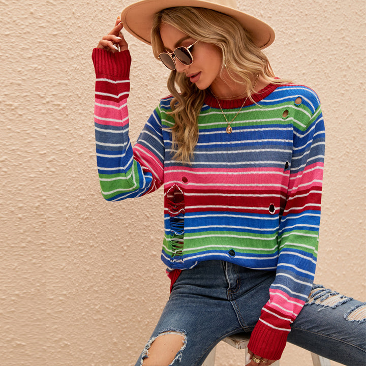 Dame strikpullover med trendy stribesstruktur og afslappet huldesign Stilla