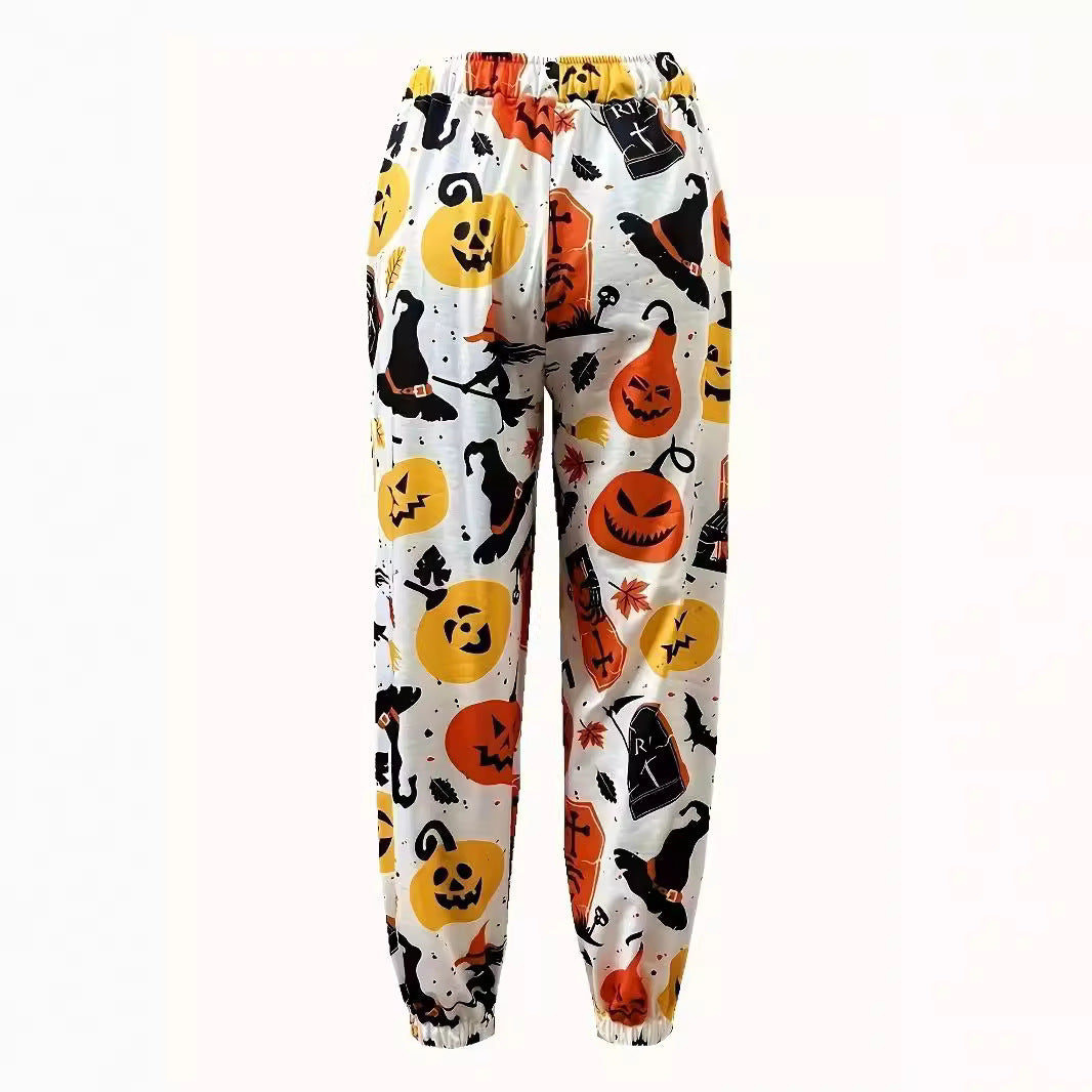 Dame fritidshose med farverigt Halloween-motiv og elastisk linning Stilla