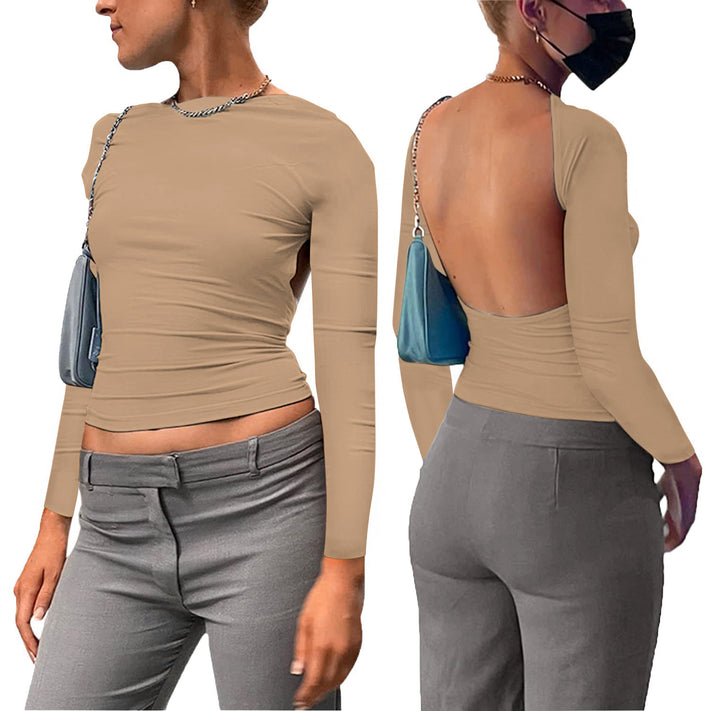 Dame figursyet longsleeve-top med åben ryg og elegant design Skovae
