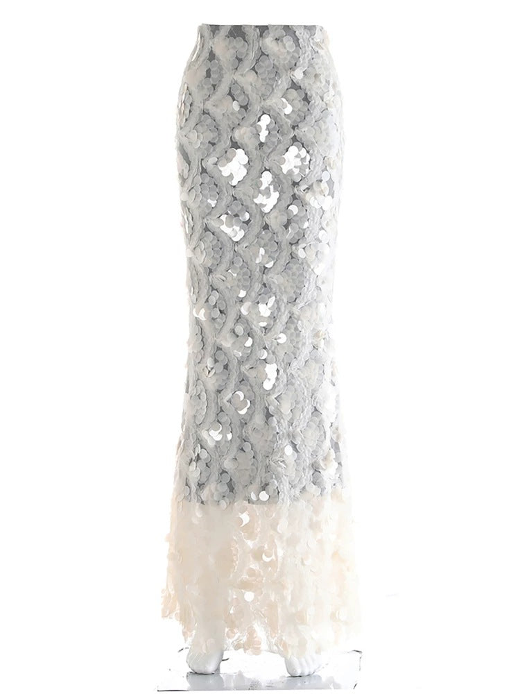 Dame maxikjole med unikt volantdesign og transparent spids Skovae