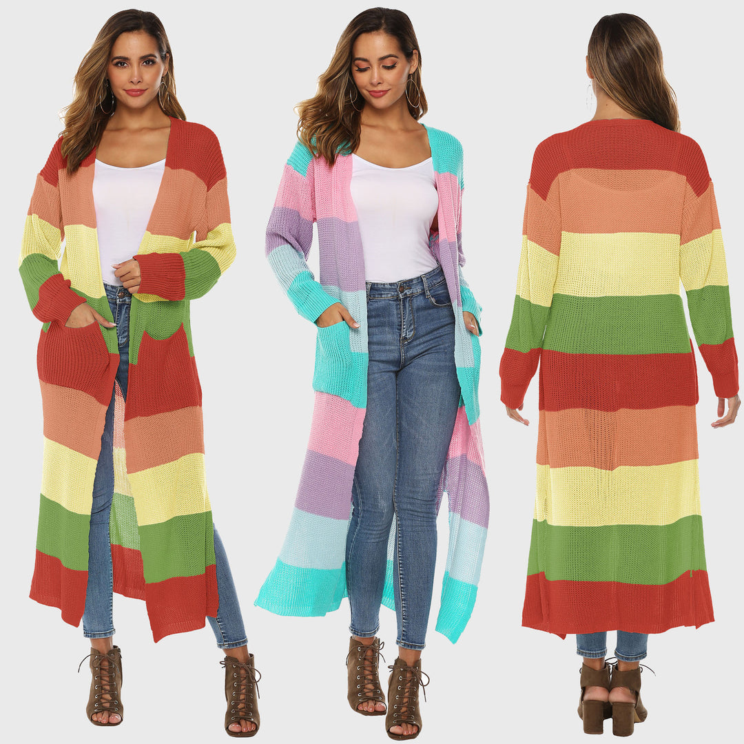 Dame lang strikjakke med iøjnefaldende stribe mønster og praktiske lommer Stilla