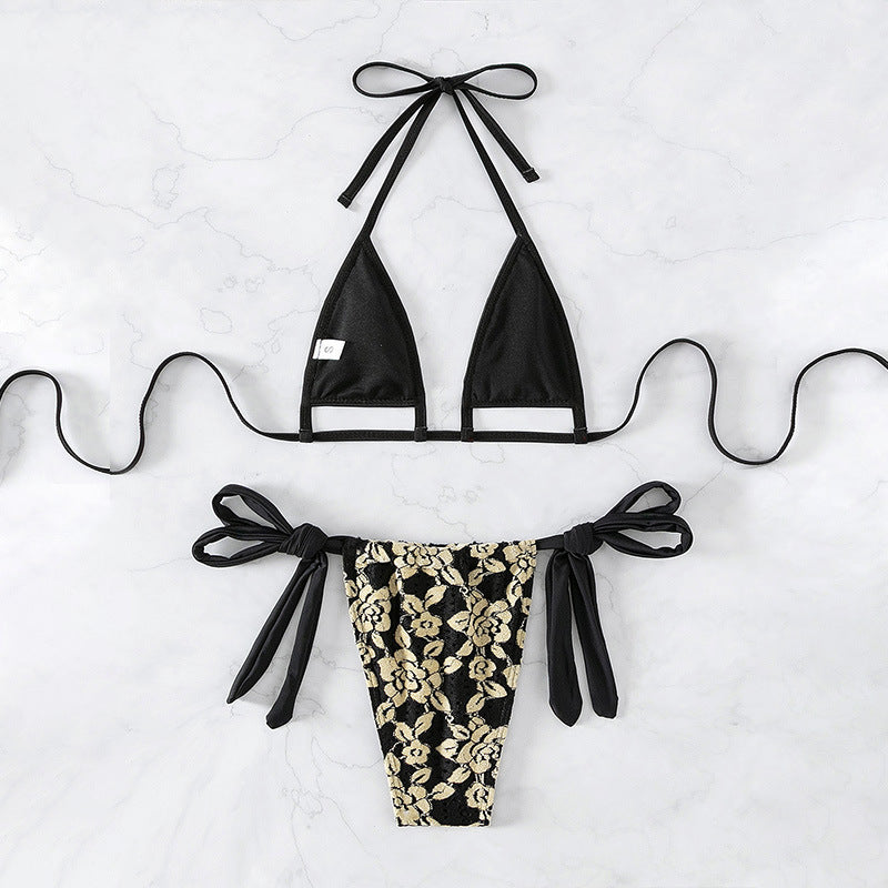 Dame bikini-sæt med blomster broderier og elegante bindebånd Stilla
