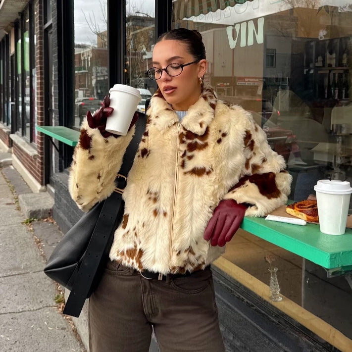 Dame hyggelig faux fur jakke med fashionable dyreprint Stilla