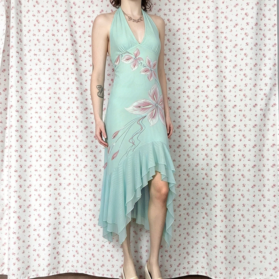 Dame Elegant Maxikjole med floral design og asymmetrisk kant Skovae