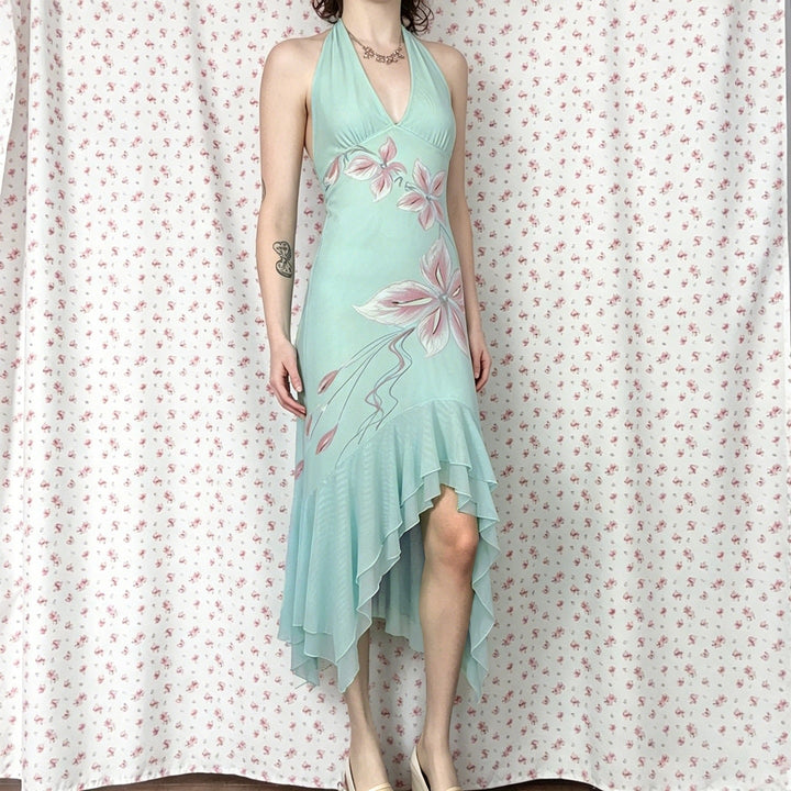 Dame Elegant Maxikjole med floral design og asymmetrisk kant Skovae