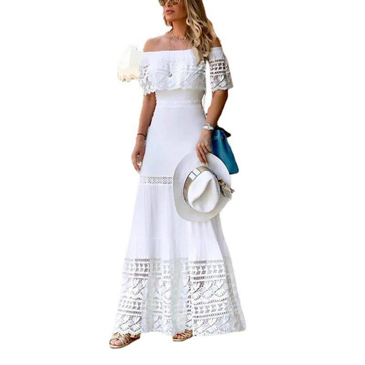 Dame Off-Shoulder Maxikjole med sart lace og elastisk taljebånd Stilla