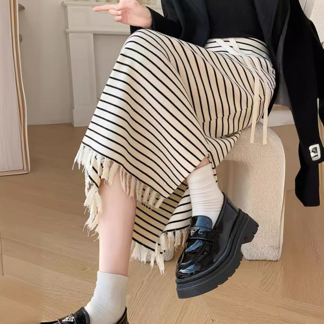 Femme Stillet Stribet Maxi Kjole med Frynse-Søm Stilla