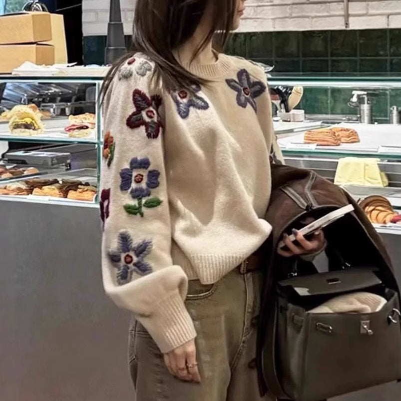 Dame mode sweater med blomster broderi design Stilla