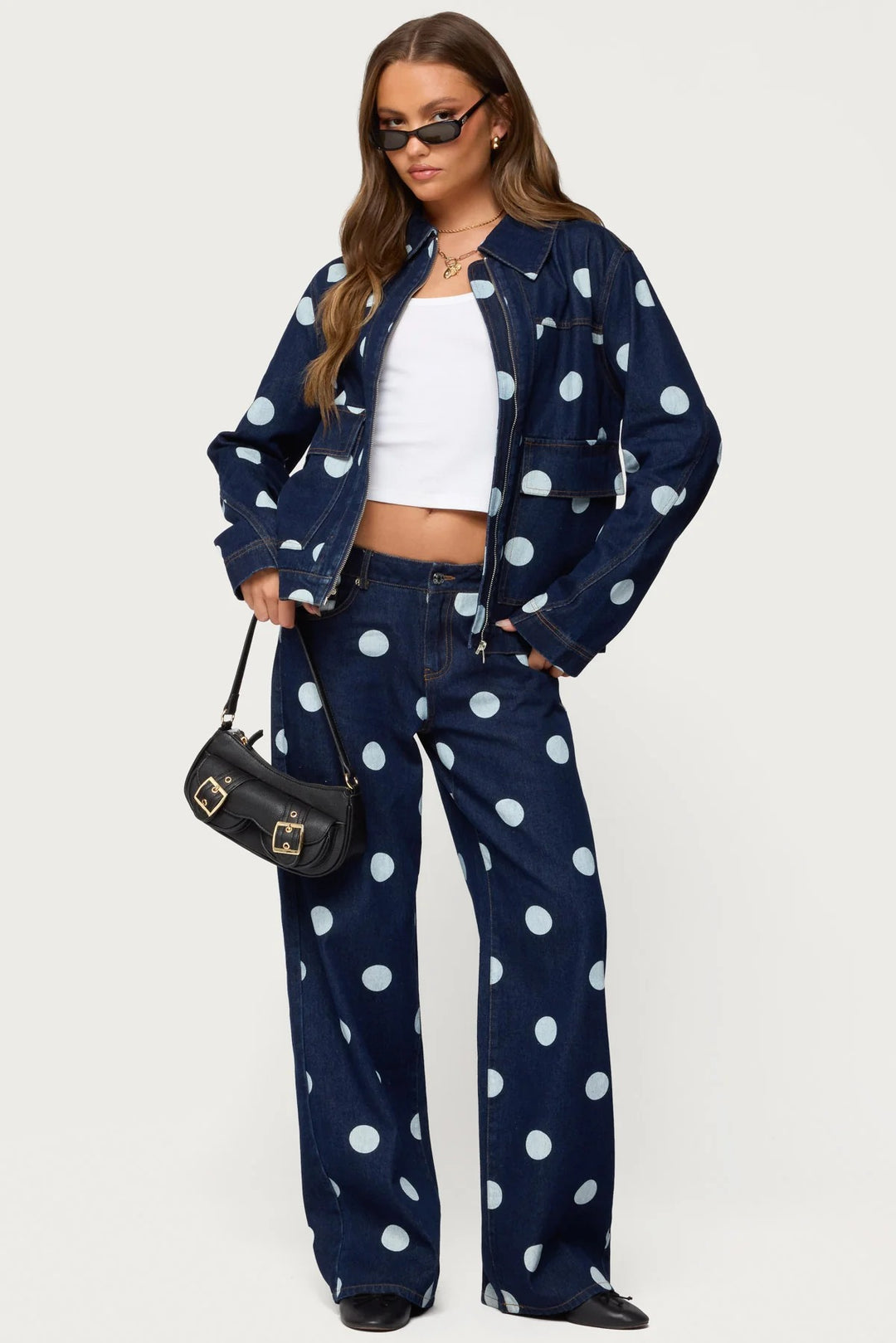 Dame Polka-Dot Denim-Sæt med afslappet snit og trendy detaljer Skovae