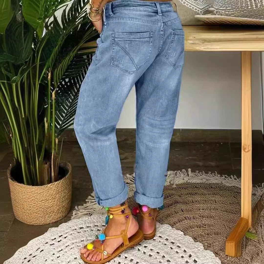 Kvinders afslappede jeans med høje knapper og slidte detaljer Stilla