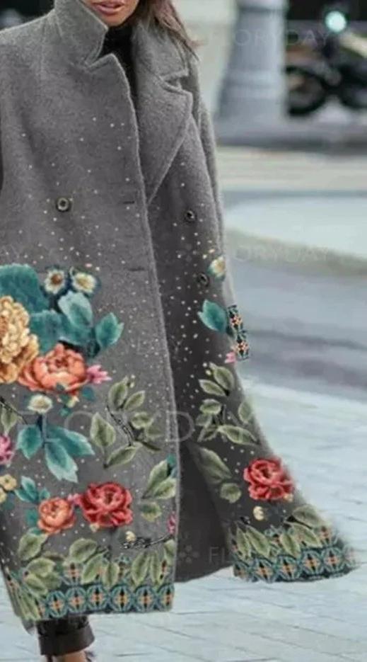 Dame Oversized Uldfrakke med blomsterdesign Stilla