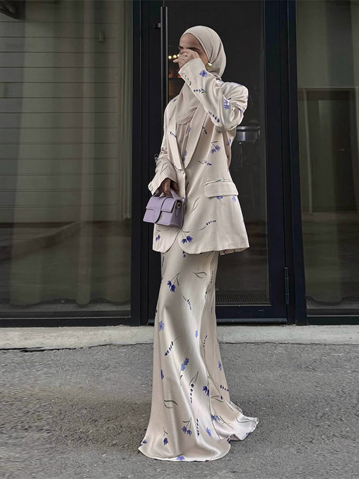 Damer elegant blazer-sæt med blomsterdesign og flydende nederdel Stilla