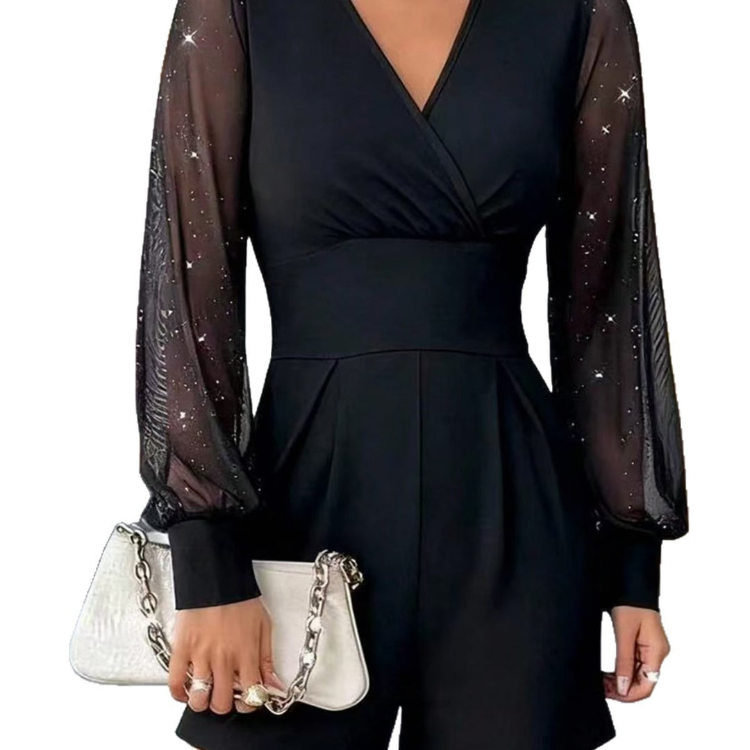Dame elegant jumpsuit med gennemsigtige pufærmer og V-udskæring Skovae