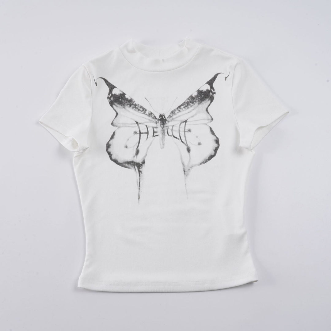 Dame T-shirt med kreativ sommerfugletryk og moderne snit Skovae