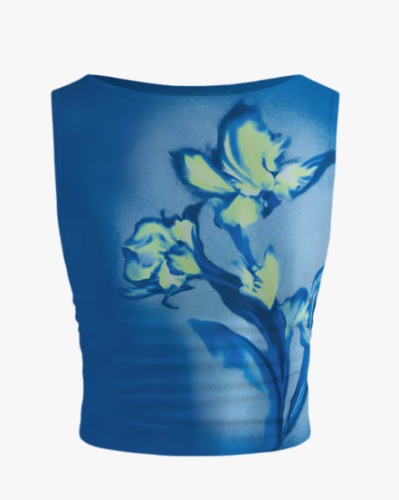 Dame ærmeløs crop-top med blomsterprint og tætsiddende snit Skovae