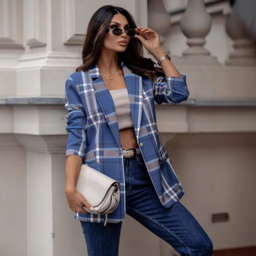 Dame Ruteret Blazer med figursyet snit og elegant revers Stilla