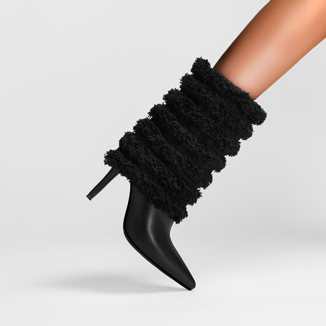 Femme Teksturerede Stiletto Støvler med Plys Ankel Dekorationer Stilla