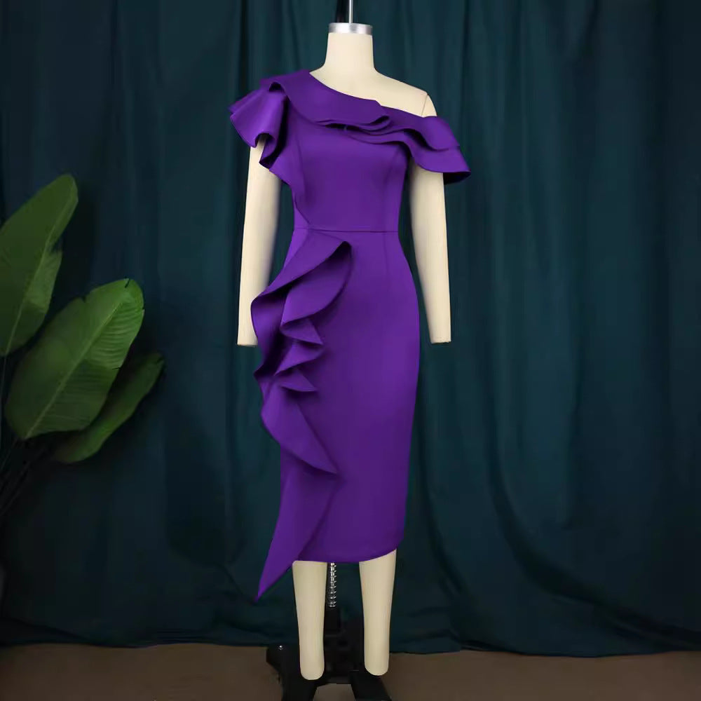 Dame Elegante Etuikjole med asymmetrisk flæsedesign Skovae