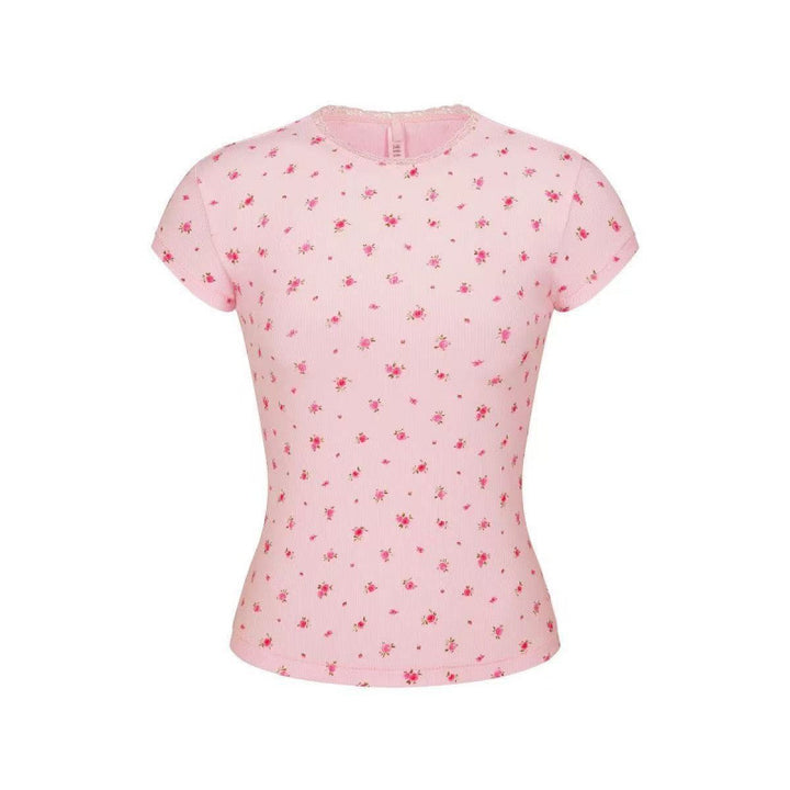Dame T-shirt med blomstermønster og ribstruktur Stilla