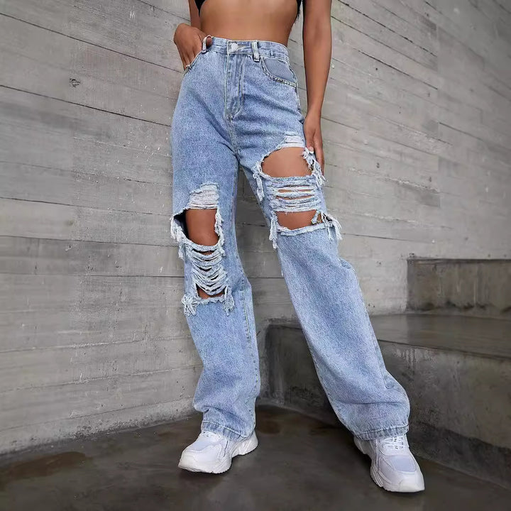 Dame brede jeans med moderne destroyed-detaljer og høj talje Stilla