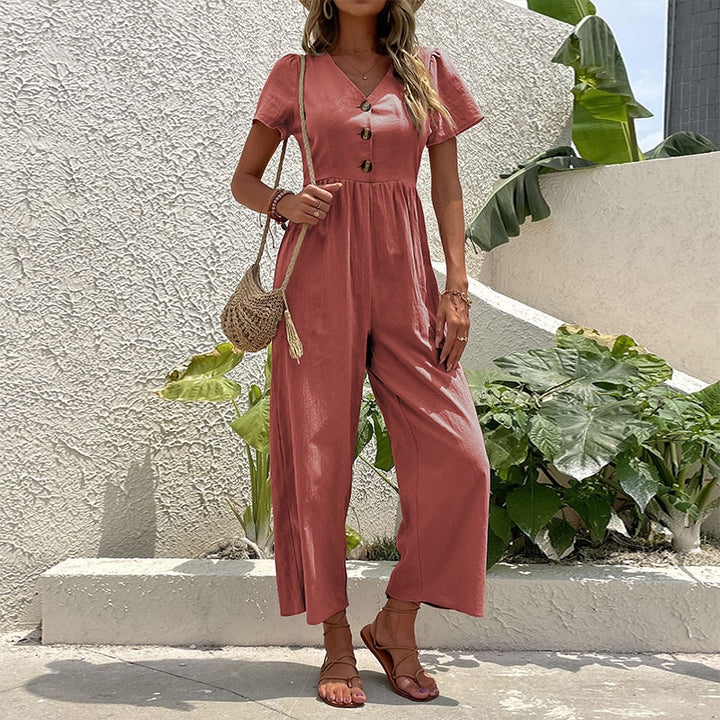 Dame Elegant Knap-Foroven Bredbenet Jumpsuit Stilla