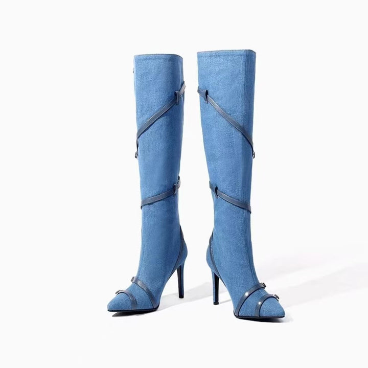Damer Spidsudkast Denim Over-the-Knee Stiletto-Støvler med justerbare Remakcenter Stilla