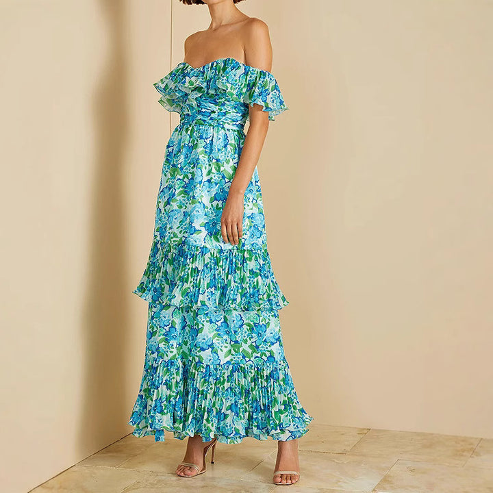Dame Maxikjole med voluminøse flæser og Off-Shoulder-udskæring Stilla