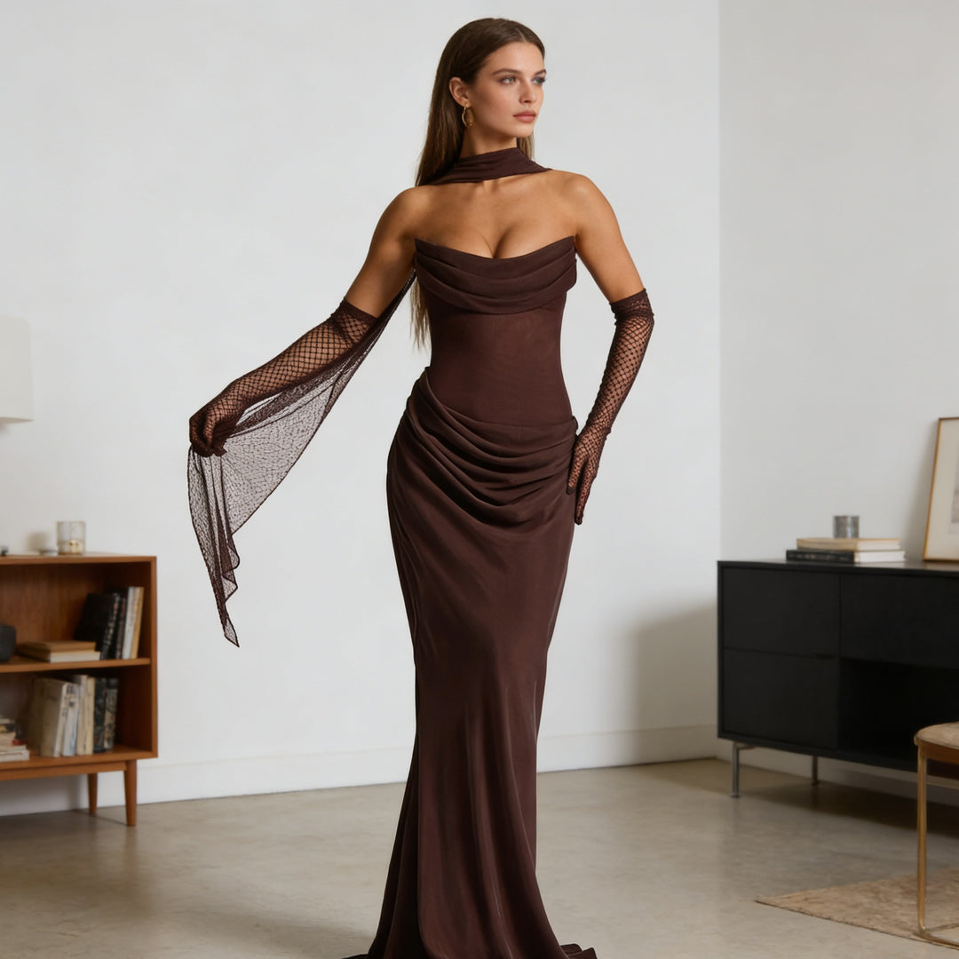 Dame Elegante off-the-shoulder maxi-kjole med forførende flæsedetail Skovae