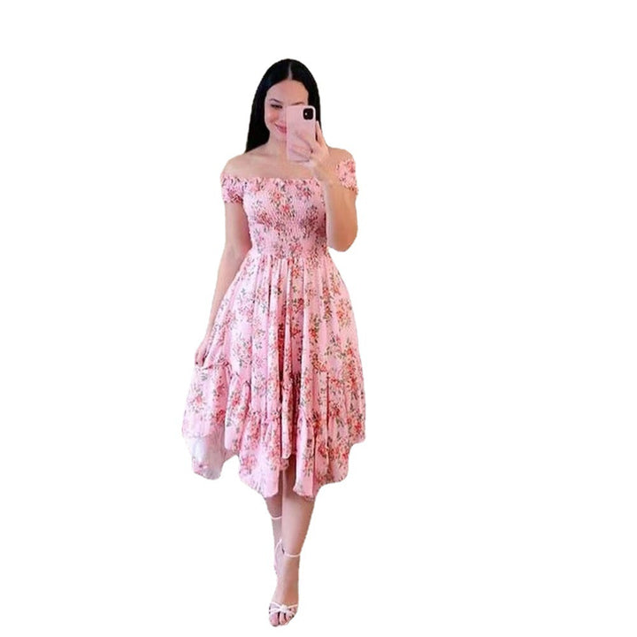 Dame Off-Shoulder Sommerkjole med legende sommerfuglemønster og flæse detaljer Stilla