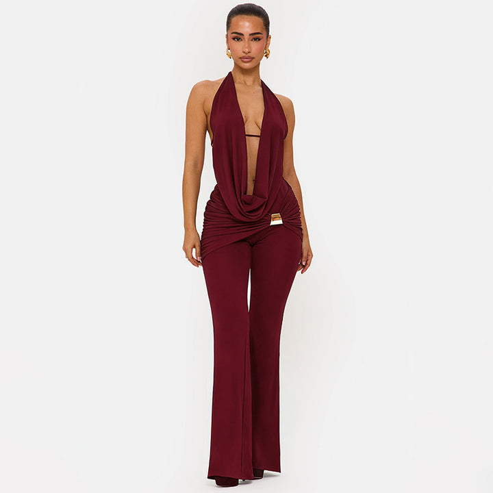Dame elegant, tætsiddende jumpsuit med dyb udskæring og vidde ben Skovae
