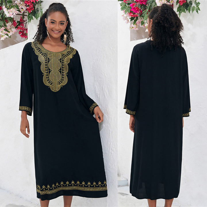 Dame elegant Maxikjole med kunstneriske broderier og sidelommer Stilla