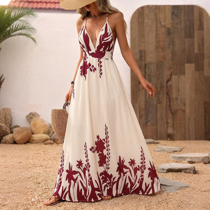 Damen Maxikleid mit tiefem V-Ausschnitt und floraler Applikation Skovae