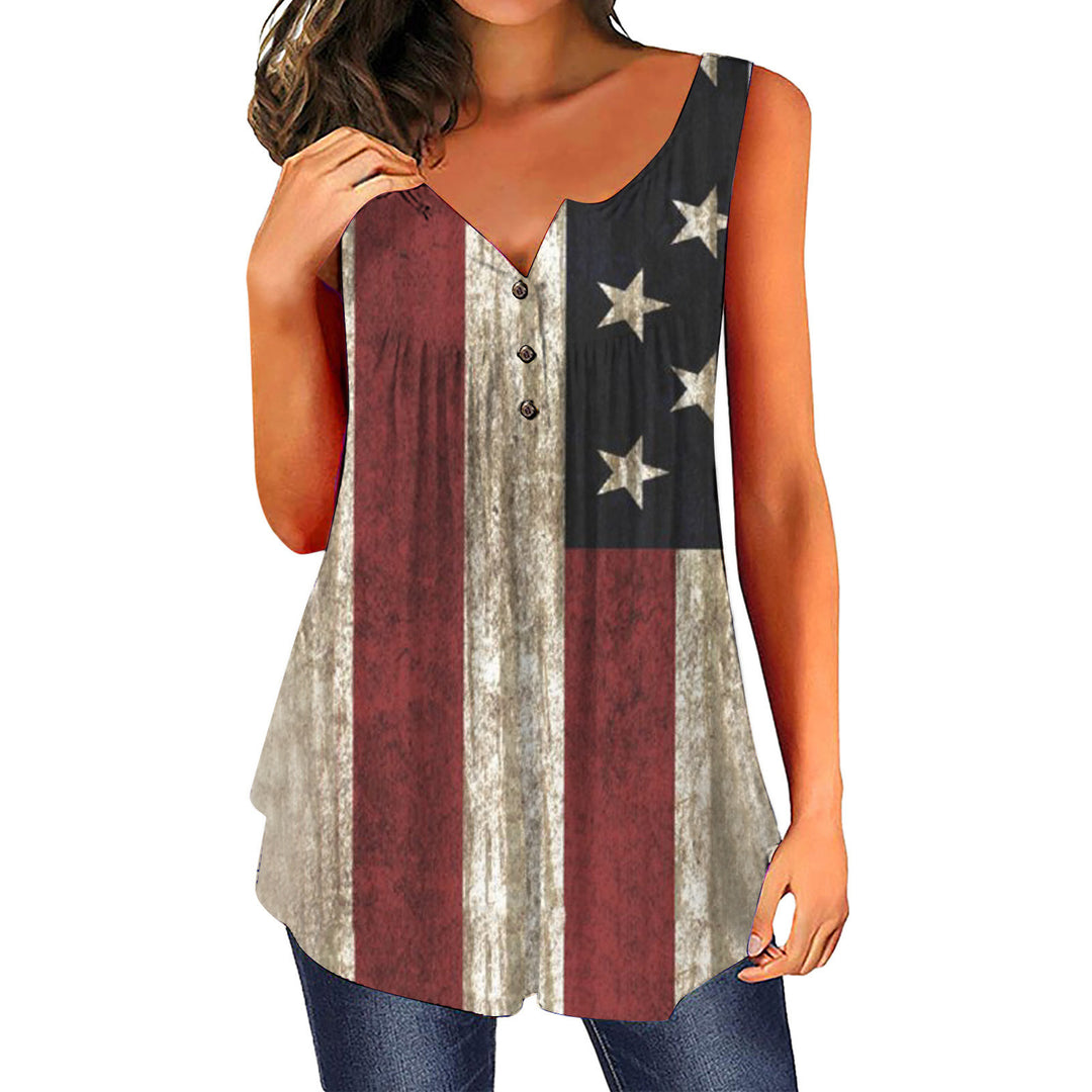 Dame afslappet bluse med knapliste og flagmotiv Stilla