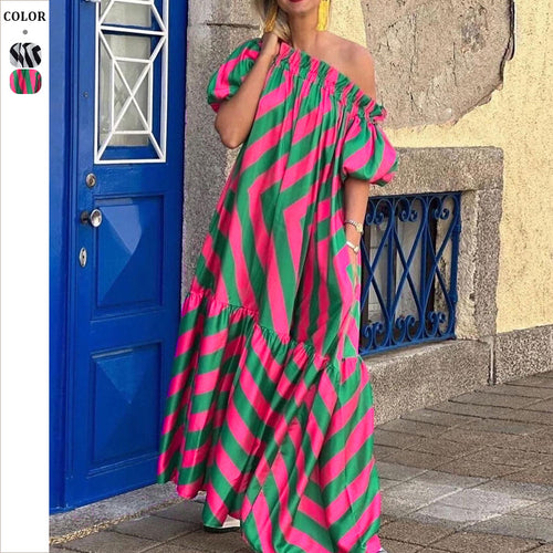 Dame Maxikjole med iøjnefaldende zigzag-design og voluminøs kant Stilla