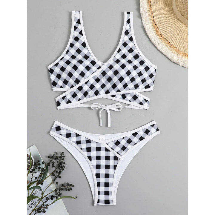 Dame Triangel-Bikini med moderne indpakningsdesign og legende ternet mønster Skovae