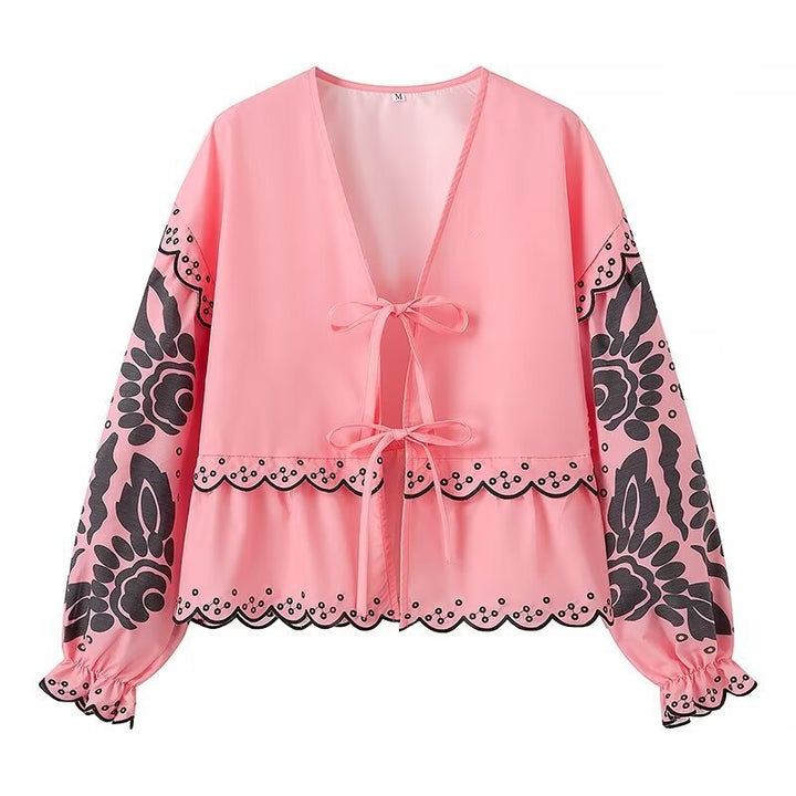 Dame let bluse med blomsterprint og taljebind Stilla