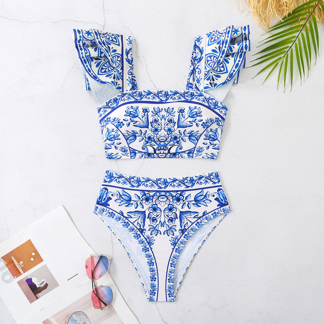 Dame bikini sæt med dekorative flæseærmer og floralt design Stilla