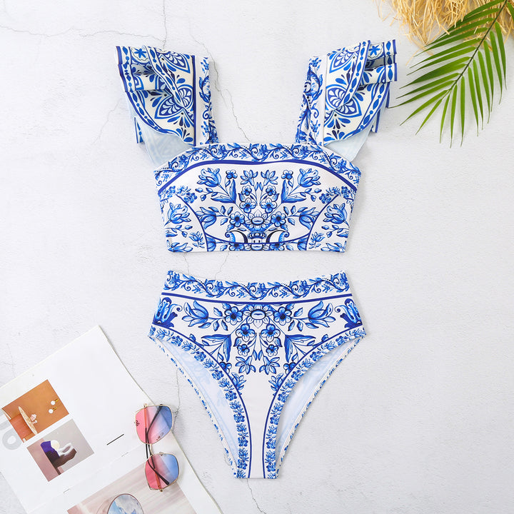 Dame bikini sæt med dekorative flæseærmer og floralt design Stilla