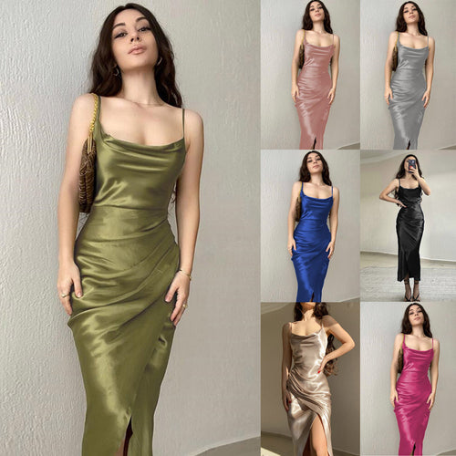 Dame elegant satin maxi kjole med draperet snit og sexet slids Stilla
